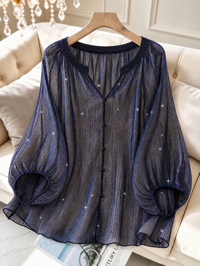 GlowEve CURVE Plus Size Gold & Silver Metallic Pleated Fabric Party Blouse With Round Neck, V-Neck, 3/4 Puff Sleeves For Women