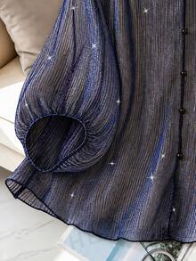 GlowEve CURVE Plus Size Gold & Silver Metallic Pleated Fabric Party Blouse With Round Neck, V-Neck, 3/4 Puff Sleeves For Women - Purple - View 3