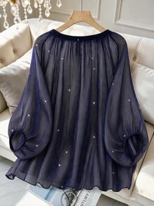 GlowEve CURVE Plus Size Gold & Silver Metallic Pleated Fabric Party Blouse With Round Neck, V-Neck, 3/4 Puff Sleeves For Women - Purple - View 2
