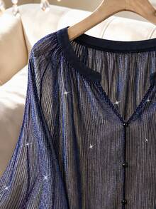 GlowEve CURVE Plus Size Gold & Silver Metallic Pleated Fabric Party Blouse With Round Neck, V-Neck, 3/4 Puff Sleeves For Women - Purple - View 4