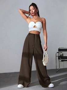 SHEIN EZwear 100% Cotton High-Waisted Wide-Leg Pants In Brown, Versatile For Casual, Academic, Party, Graduation, Back To School, Vacation, And Office Wear - Brown - View 5