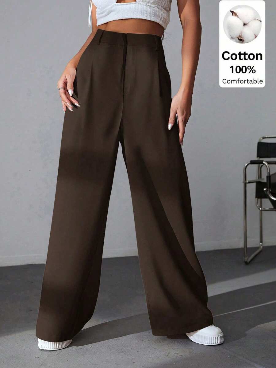 SHEIN EZwear 100% Cotton High-Waisted Wide-Leg Pants In Brown, Versatile For Casual, Academic, Party, Graduation, Back To School, Vacation, And Office Wear - Brown - View 1