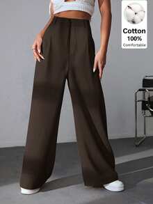 SHEIN EZwear 100% Cotton High-Waisted Wide-Leg Pants In Brown, Versatile For Casual, Academic, Party, Graduation, Back To School, Vacation, And Office Wear - Brown - View 6