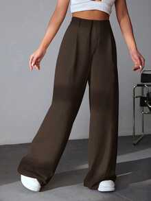 SHEIN EZwear 100% Cotton High-Waisted Wide-Leg Pants In Brown, Versatile For Casual, Academic, Party, Graduation, Back To School, Vacation, And Office Wear - Brown - View 7