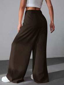 SHEIN EZwear 100% Cotton High-Waisted Wide-Leg Pants In Brown, Versatile For Casual, Academic, Party, Graduation, Back To School, Vacation, And Office Wear - Brown - View 2