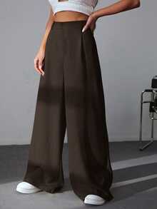 SHEIN EZwear 100% Cotton High-Waisted Wide-Leg Pants In Brown, Versatile For Casual, Academic, Party, Graduation, Back To School, Vacation, And Office Wear - Brown - View 4