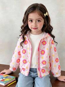 SHEIN Elladie kids Young Girls Pink Jacket, Cute Tops, Autumn, Winter, Back To School,Floral Pattern Print Hoodies, Y2K - Pink - View 1