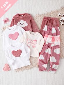 2pcs Baby Girl Simple Cute Plush Long Sleeve Pants Casual 2 Pieces Set Loungewear Autumn Winter - Multicolor - View 1