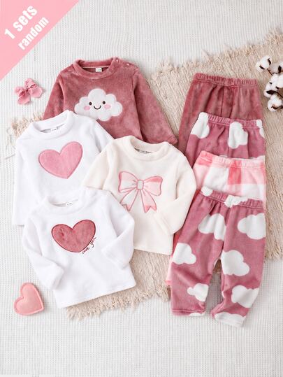 2pcs Baby Girl Simple Cute Plush Long Sleeve Pants Casual 2 Pieces Set Loungewear Autumn Winter