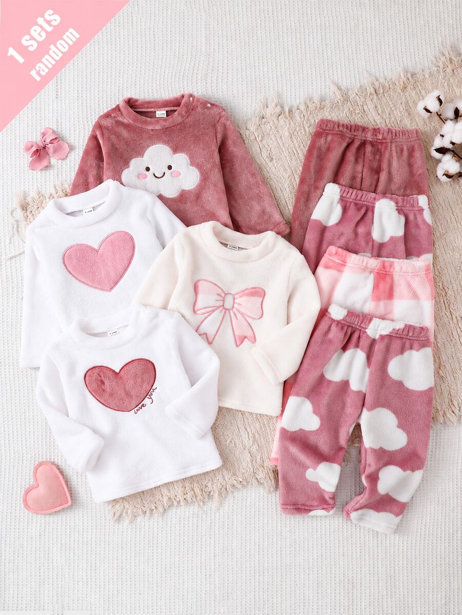 2pcs Baby Girl Simple Cute Plush Long Sleeve Pants Casual 2 Pieces Set Loungewear Autumn Winter - Multicolor - View 1