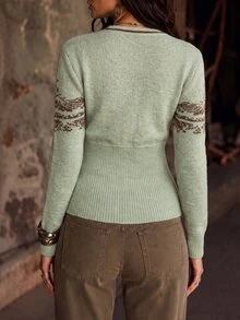LUMIGAL Fair Isle Jacquard Deep V-Neck Cinched Waist Ribbed Hem Cuffs Slim Fit Long Sleeve Women's Sweater Vacation Sage Green Fall Boho Traveling - Multicolor - View 2