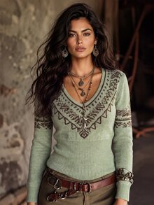 LUMIGAL Fair Isle Jacquard Deep V-Neck Cinched Waist Ribbed Hem Cuffs Slim Fit Long Sleeve Women's Sweater Vacation Sage Green Fall Boho Traveling - Multicolor - View 3