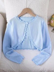SHEIN Elladie kids 女童荷葉邊針織開襟衫，簡約可愛百搭外搭披肩，淺藍色/天藍色，適合秋季、正式場合、婚禮、畢業季 - 藍色 - 查看 4