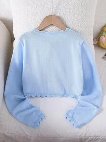 SHEIN Elladie kids 女童荷葉邊針織開襟衫，簡約可愛百搭外搭披肩，淺藍色/天藍色，適合秋季、正式場合、婚禮、畢業季 - 藍色 - 查看 3