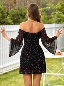 KARISMINA Cherry Print Front Tie Long Sleeve Off Shoulder Mini Dress For Women,For Autumn Vacation, Women Clothing Party Holiday Vacation Black And Red Cute - Black - View 4