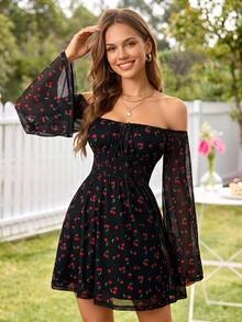 KARISMINA Cherry Print Front Tie Long Sleeve Off Shoulder Mini Dress For Women,For Autumn Vacation, Women Clothing Party Holiday Vacation Black And Red Cute - Black - View 1