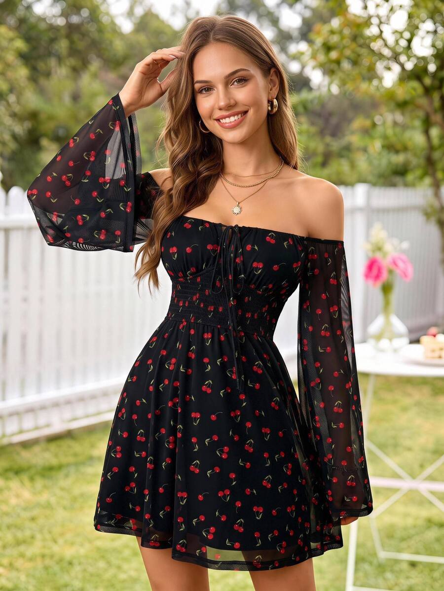 KARISMINA Cherry Print Front Tie Long Sleeve Off Shoulder Mini Dress For Women,For Autumn Vacation, Women Clothing Party Holiday Vacation Black And Red Cute - Black - View 1