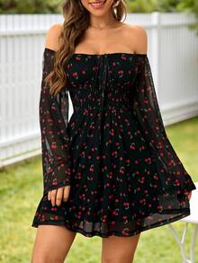 KARISMINA Cherry Print Front Tie Long Sleeve Off Shoulder Mini Dress For Women,For Autumn Vacation, Women Clothing Party Holiday Vacation Black And Red Cute - Black - View 6