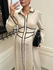 MaterniWear 孕婦簡約條紋拼色鈕扣長袖洋裝 - 杏色 - 查看 4
