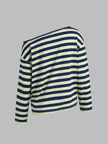 valorelle valorelle Women's Comfortable Casual Loose Long Sleeve Asymmetrical Shoulder Mesh Striped Colorblock Print Yoga Sports Top - Multicolor - View 2
