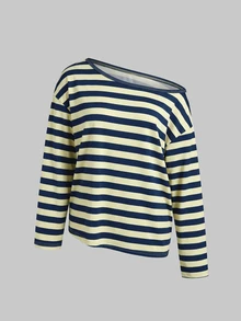 valorelle valorelle Women's Comfortable Casual Loose Long Sleeve Asymmetrical Shoulder Mesh Striped Colorblock Print Yoga Sports Top - Multicolor - View 4
