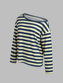 valorelle valorelle Women's Comfortable Casual Loose Long Sleeve Asymmetrical Shoulder Mesh Striped Colorblock Print Yoga Sports Top - Multicolor - View 3