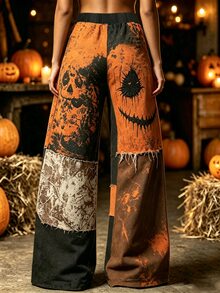 Selamara Women's Halloween Pumpkin Face Print Wide Leg Pants, Gothic Distressed Long Pants, Punk Y2K Street Style Loose Fit - Multicolor - View 2