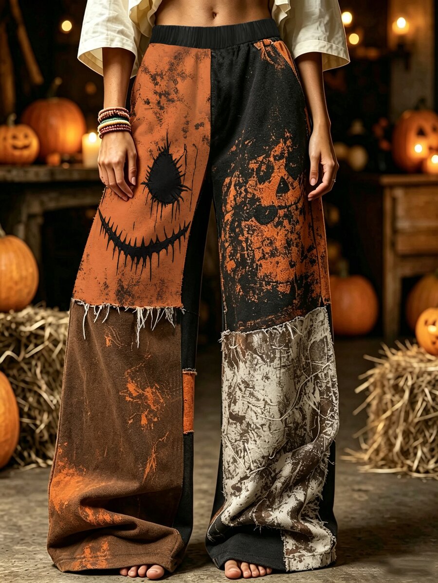 Selamara Women's Halloween Pumpkin Face Print Wide Leg Pants, Gothic Distressed Long Pants, Punk Y2K Street Style Loose Fit - Multicolor - View 1