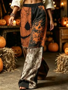 Selamara Women's Halloween Pumpkin Face Print Wide Leg Pants, Gothic Distressed Long Pants, Punk Y2K Street Style Loose Fit - Multicolor - View 4