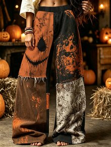Selamara Women's Halloween Pumpkin Face Print Wide Leg Pants, Gothic Distressed Long Pants, Punk Y2K Street Style Loose Fit - Multicolor - View 3