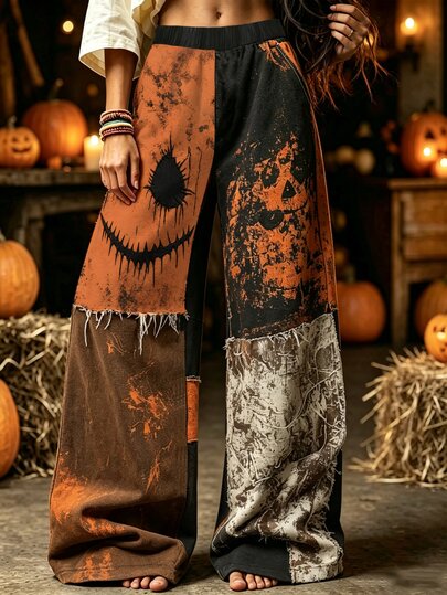 Selamara Women's Halloween Pumpkin Face Print Wide Leg Pants, Gothic Distressed Long Pants, Punk Y2K Street Style Loose Fit