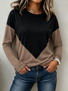 LUMIGAL 女款對比色長袖T恤，圓領幾何拼接寬鬆做舊上衣，黑色咖啡色休閒復古打底衫，適合早午餐與秋季穿搭 - 彩色 - 查看 5