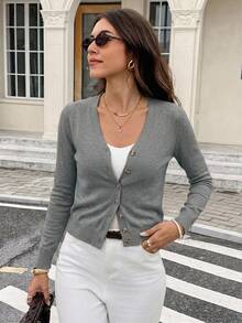 SHEIN Frenchy كارديجان نسائي بلون موحد أحادي الصدر كاجوال بأكمام طويلة، كنزة محبوكة في الخريف/الشتاء - رمادي - مشاهدة 6