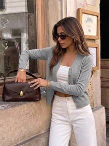 SHEIN Frenchy كارديجان نسائي بلون موحد أحادي الصدر كاجوال بأكمام طويلة، كنزة محبوكة في الخريف/الشتاء - رمادي - مشاهدة 5