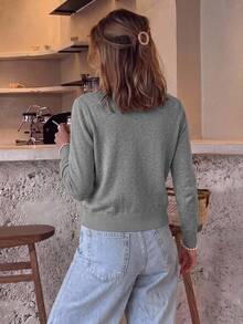 SHEIN Frenchy كارديجان نسائي بلون موحد أحادي الصدر كاجوال بأكمام طويلة، كنزة محبوكة في الخريف/الشتاء - رمادي - مشاهدة 2