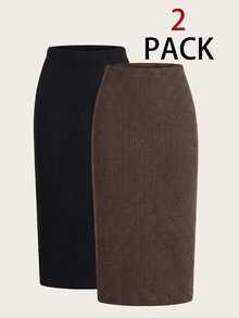 SHEIN LUNE Women's Solid Color Autumn/Winter Casual All-Match Modest Versatile Going Out Business Skirts 2pcs Set Teachers' Day Office Work Black Chocolate Brown - Multicolor - View 1