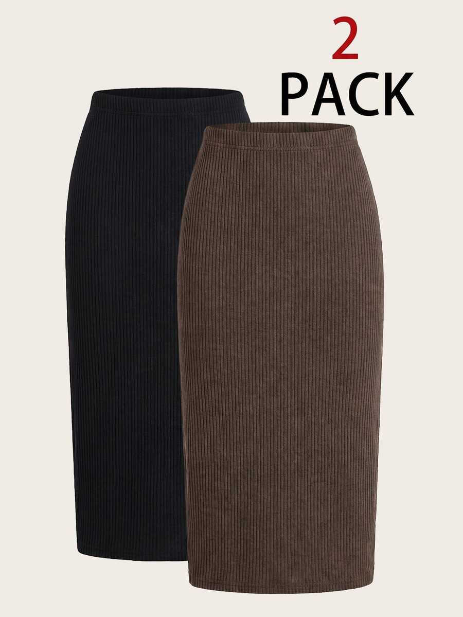 SHEIN LUNE Women's Solid Color Autumn/Winter Casual All-Match Modest Versatile Going Out Business Skirts 2pcs Set Teachers' Day Office Work Black Chocolate Brown - Multicolor - View 1