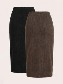 SHEIN LUNE Women's Solid Color Autumn/Winter Casual All-Match Modest Versatile Going Out Business Skirts 2pcs Set Teachers' Day Office Work Black Chocolate Brown - Multicolor - View 2