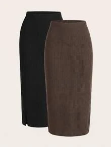 SHEIN LUNE Women's Solid Color Autumn/Winter Casual All-Match Modest Versatile Going Out Business Skirts 2pcs Set Teachers' Day Office Work Black Chocolate Brown - Multicolor - View 3