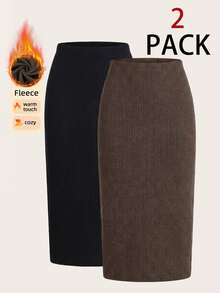 SHEIN LUNE Women's Solid Color Autumn/Winter Casual All-Match Modest Versatile Going Out Business Skirts 2pcs Set Teachers' Day Office Work Black Chocolate Brown - Multicolor - View 6