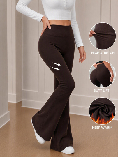 Yumoku Pantalones acampanados ajustados de mujer con forro térmico, alta elasticidad, cálidos y suaves, para entrenamiento, gimnasio, uso diario en casa, color marrón oscuro, otoño