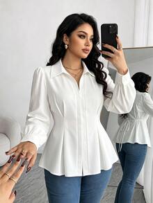 Elenzga Plus Size Spring/Summer V-Neck Collared Waist-Cinching Slimming A-Line Long Sleeve White French Elegant Sophisticated Commute Versatile, Office Date Inner Layer, Suitable For Multiple Body Types, Women's Designer Blouse Shirt - White - View 1