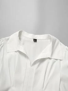 Elenzga Plus Size Spring/Summer V-Neck Collared Waist-Cinching Slimming A-Line Long Sleeve White French Elegant Sophisticated Commute Versatile, Office Date Inner Layer, Suitable For Multiple Body Types, Women's Designer Blouse Shirt - White - View 5
