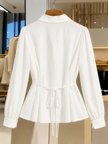 Elenzga Plus Size Spring/Summer V-Neck Collared Waist-Cinching Slimming A-Line Long Sleeve White French Elegant Sophisticated Commute Versatile, Office Date Inner Layer, Suitable For Multiple Body Types, Women's Designer Blouse Shirt - White - View 2