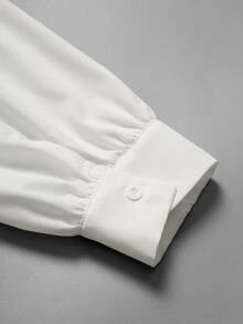Elenzga Plus Size Spring/Summer V-Neck Collared Waist-Cinching Slimming A-Line Long Sleeve White French Elegant Sophisticated Commute Versatile, Office Date Inner Layer, Suitable For Multiple Body Types, Women's Designer Blouse Shirt - White - View 3