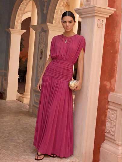 Anewsta Nuevo vestido largo de mujer con cuello redondo, diseño fruncido, de malla elástica suave y delicada, de unicolor, para primavera/verano