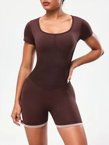 SHEIN Sports Romper Wanita Tanpa Jahitan, Membentuk, Mengangkat, dan Menopang Punggung - Coklat - View 5