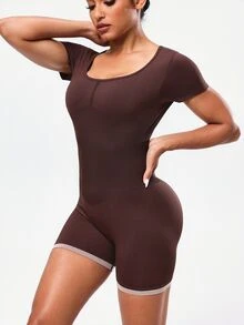 SHEIN Sports Romper Wanita Tanpa Jahitan, Membentuk, Mengangkat, dan Menopang Punggung - Coklat - View 4