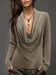 LUMIGAL Sweater Fashion Wanita Lengan Panjang Model Bahu Longgar Warna Polos - Coffee Brown - View 5