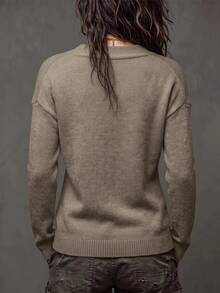 LUMIGAL Sweater Fashion Wanita Lengan Panjang Model Bahu Longgar Warna Polos - Coffee Brown - View 3